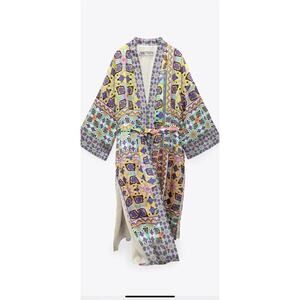 Zara Satin Effect Printed Belted Kimono Robe